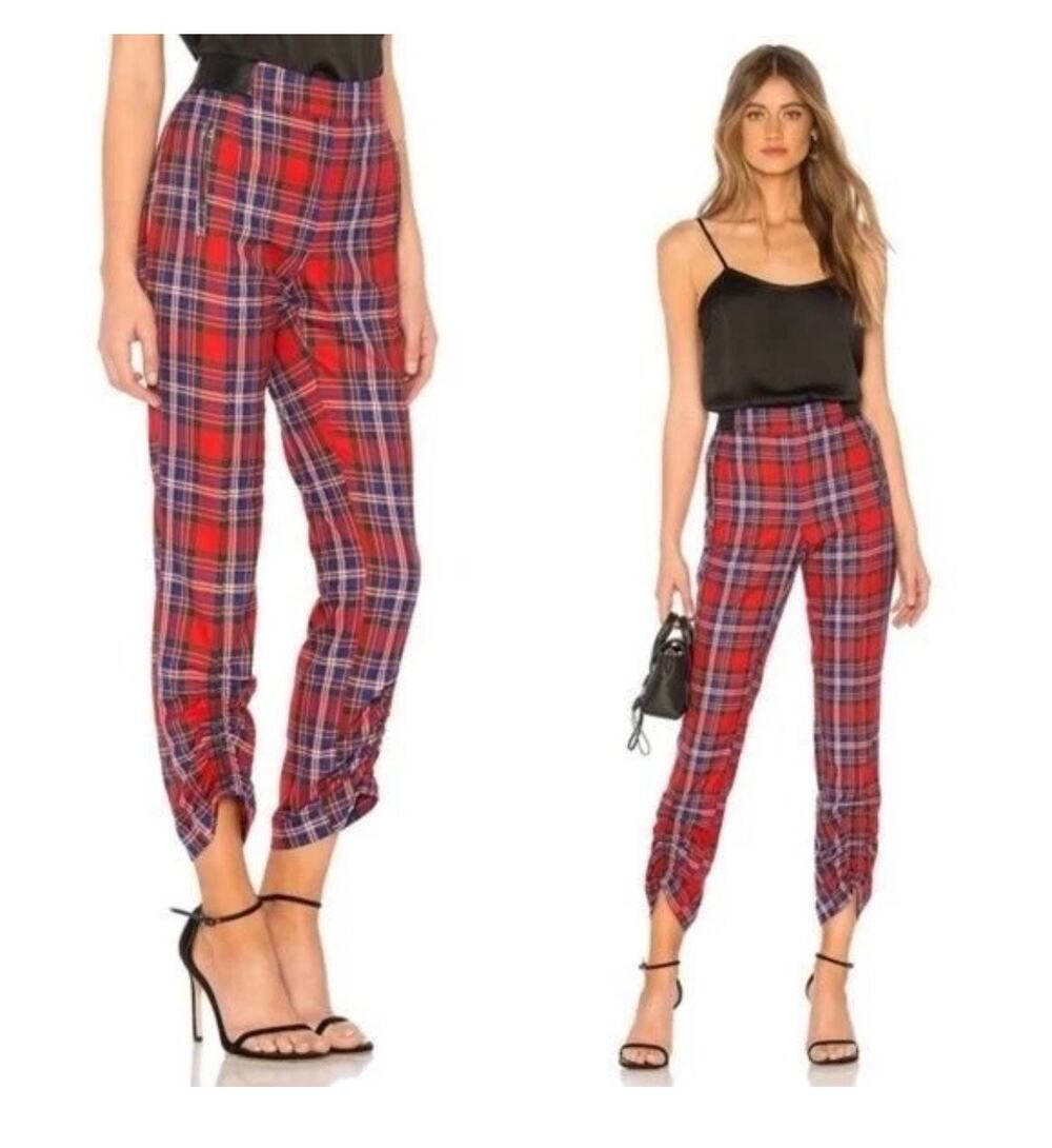 Taylor Taylor Carrington Red Plaid Print Leather Ruched High Waist Pants 14